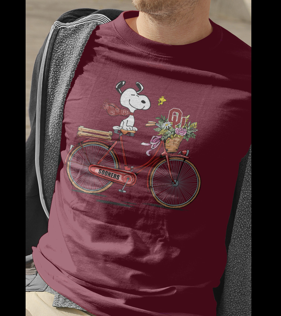 Oklahoma Sooners Snoopy Bicycle Flowers Woodstock T-Shirt