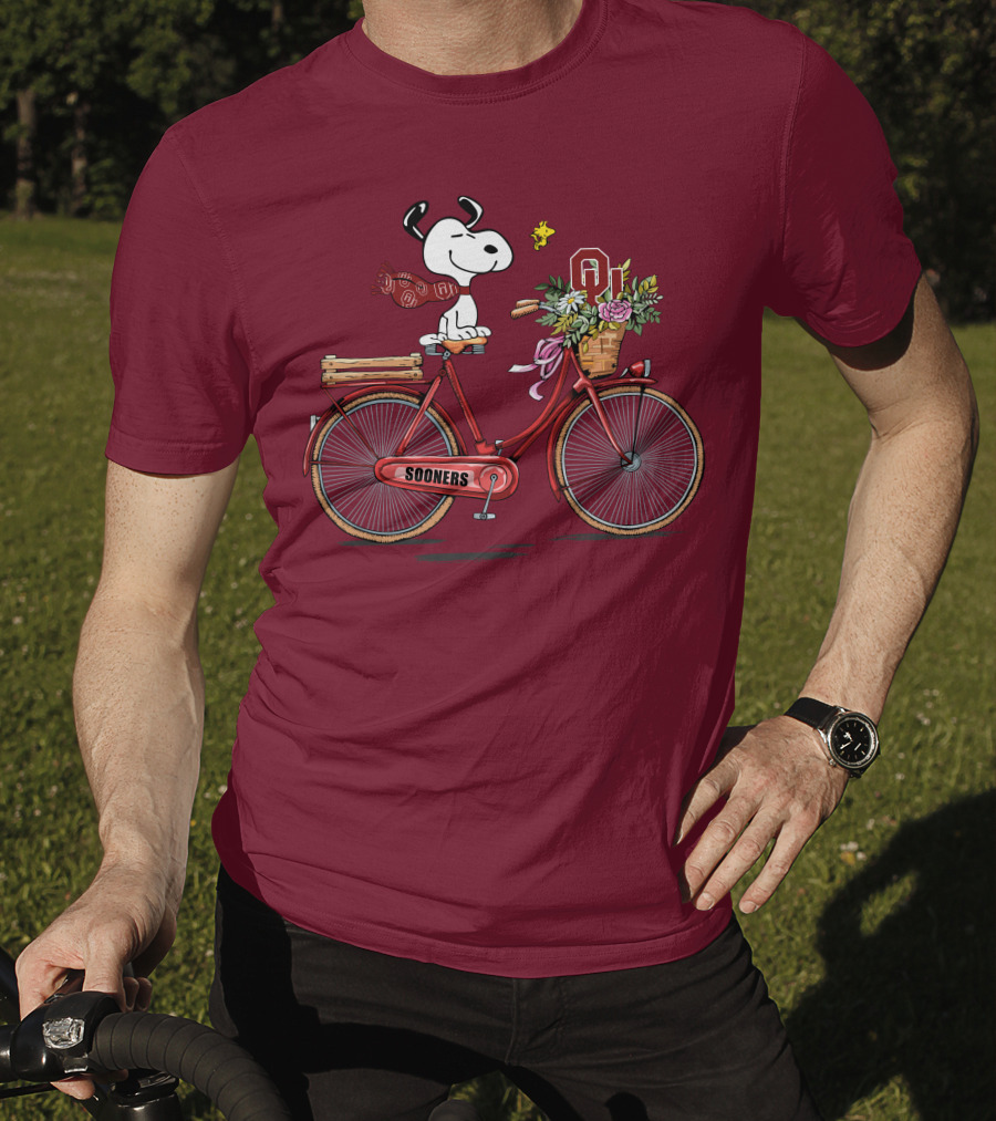 Oklahoma Sooners Snoopy Bicycle Flowers Woodstock T-Shirt