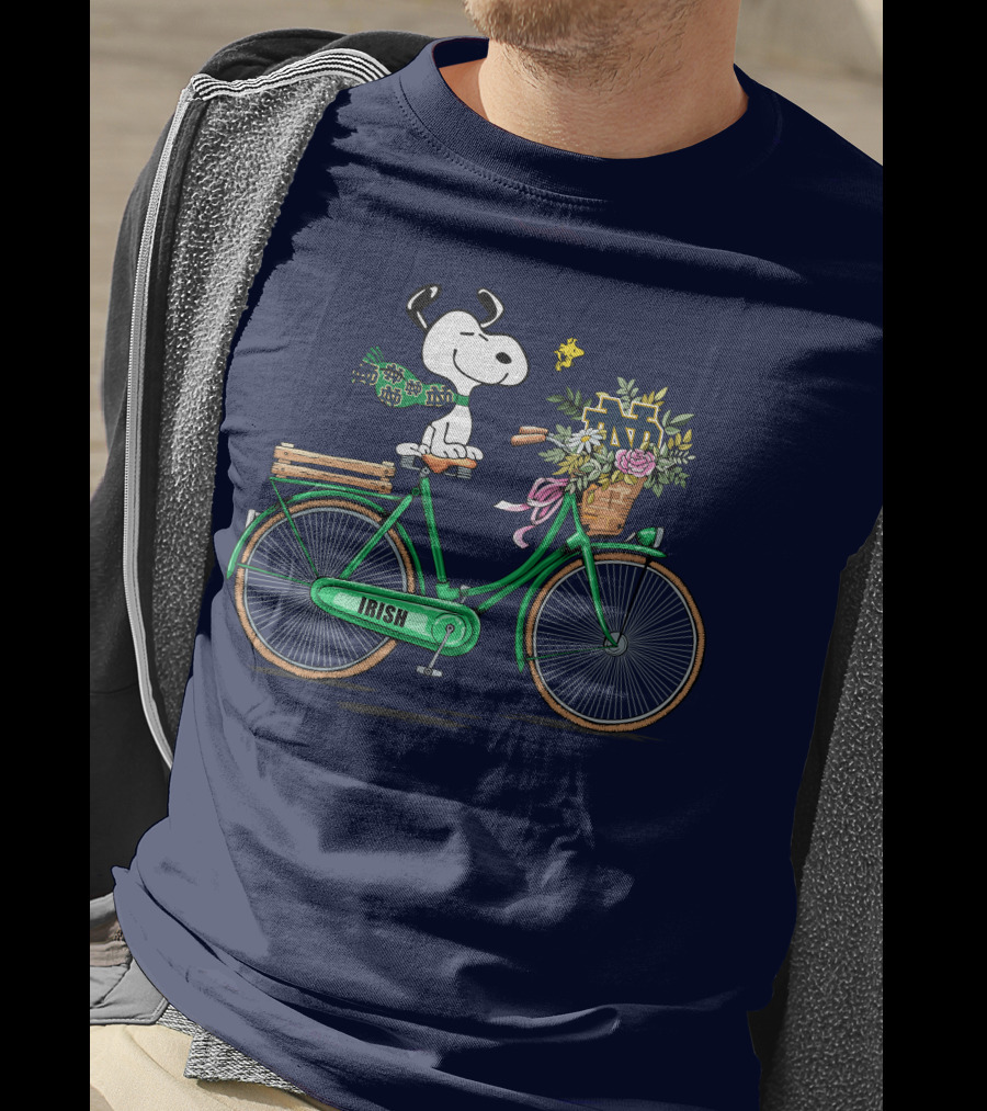 Notre Dame Fighting Irish Snoopy On Bicycle With Flowers And Woodstock T-Shirt