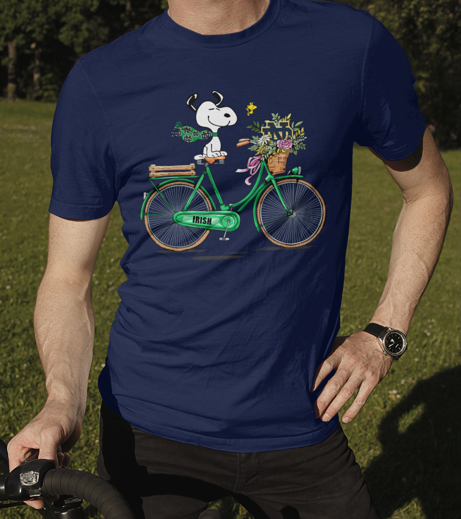 Notre Dame Fighting Irish Snoopy On Bicycle With Flowers And Woodstock T-Shirt
