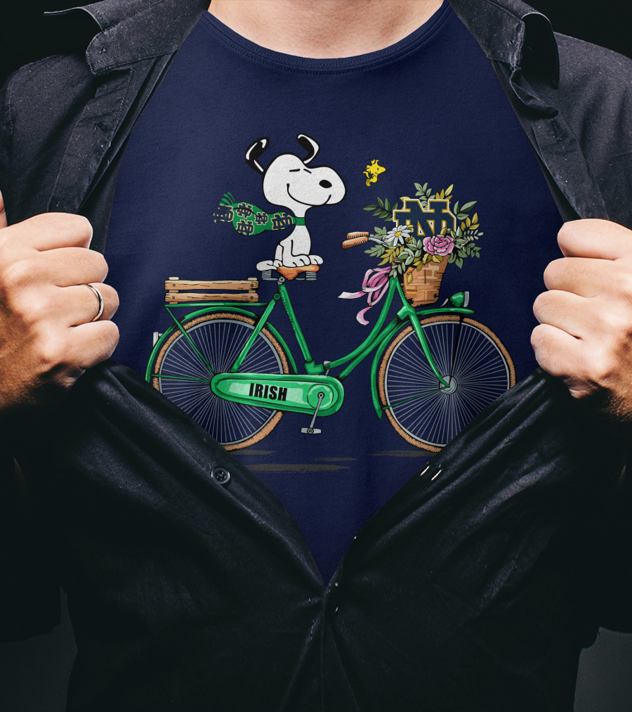 Notre Dame Fighting Irish Snoopy On Bicycle With Flowers And Woodstock T-Shirt