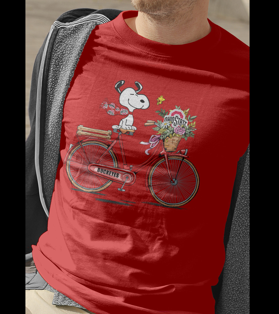 Ohio State Buckeyes Snoopy On Bicycle With Woodstock And Flowers T-Shirt