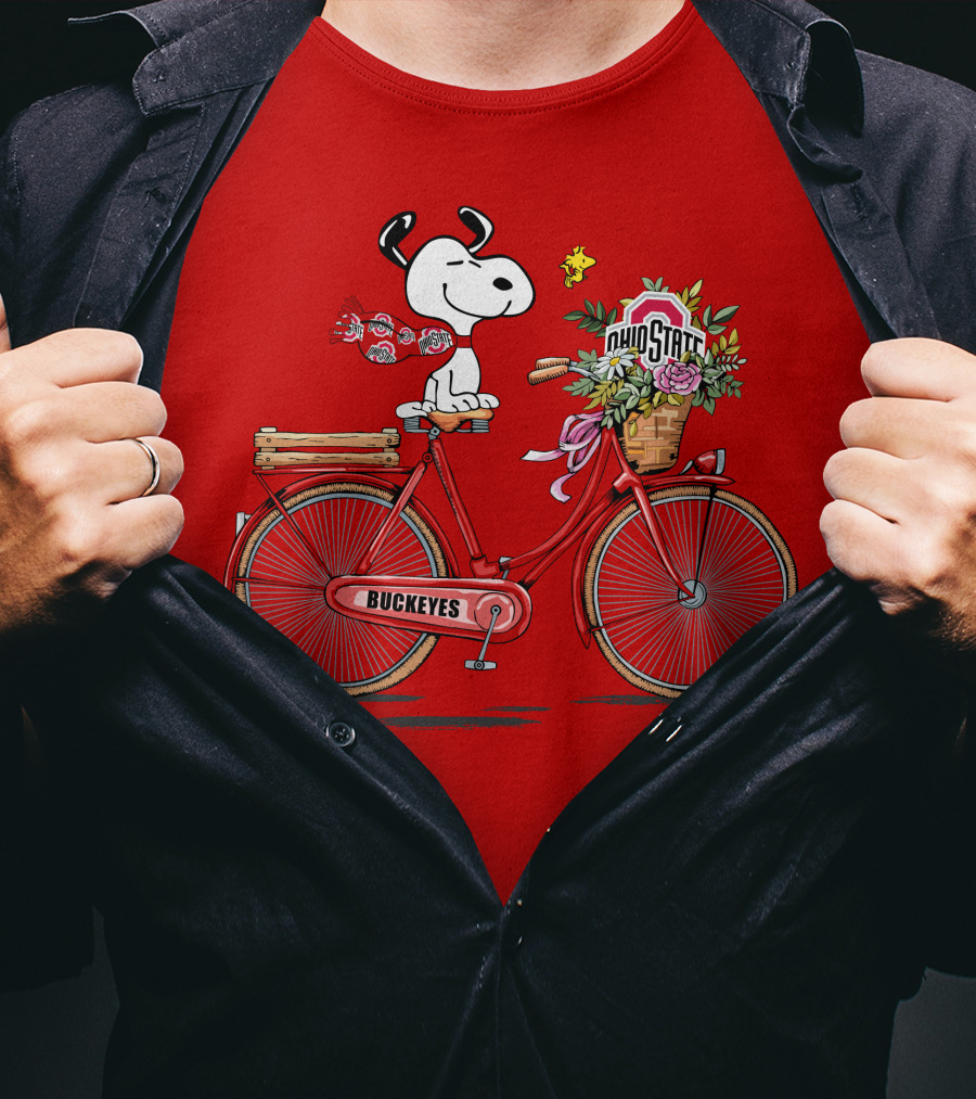 Ohio State Buckeyes Snoopy On Bicycle With Woodstock And Flowers T-Shirt