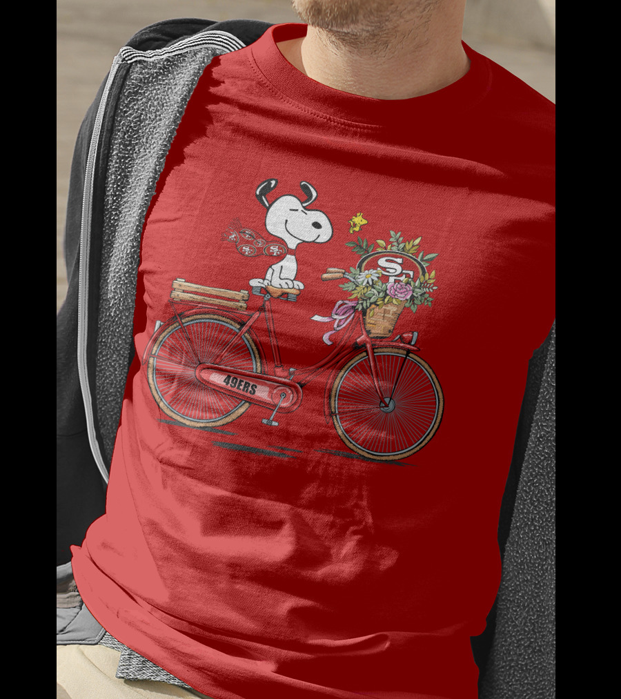 San Francisco 49ers Snoopy Riding Bike With Flowers T-Shirt