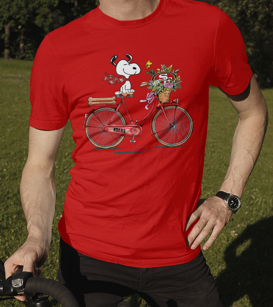 San Francisco 49ers Snoopy Riding Bike With Flowers T-Shirt