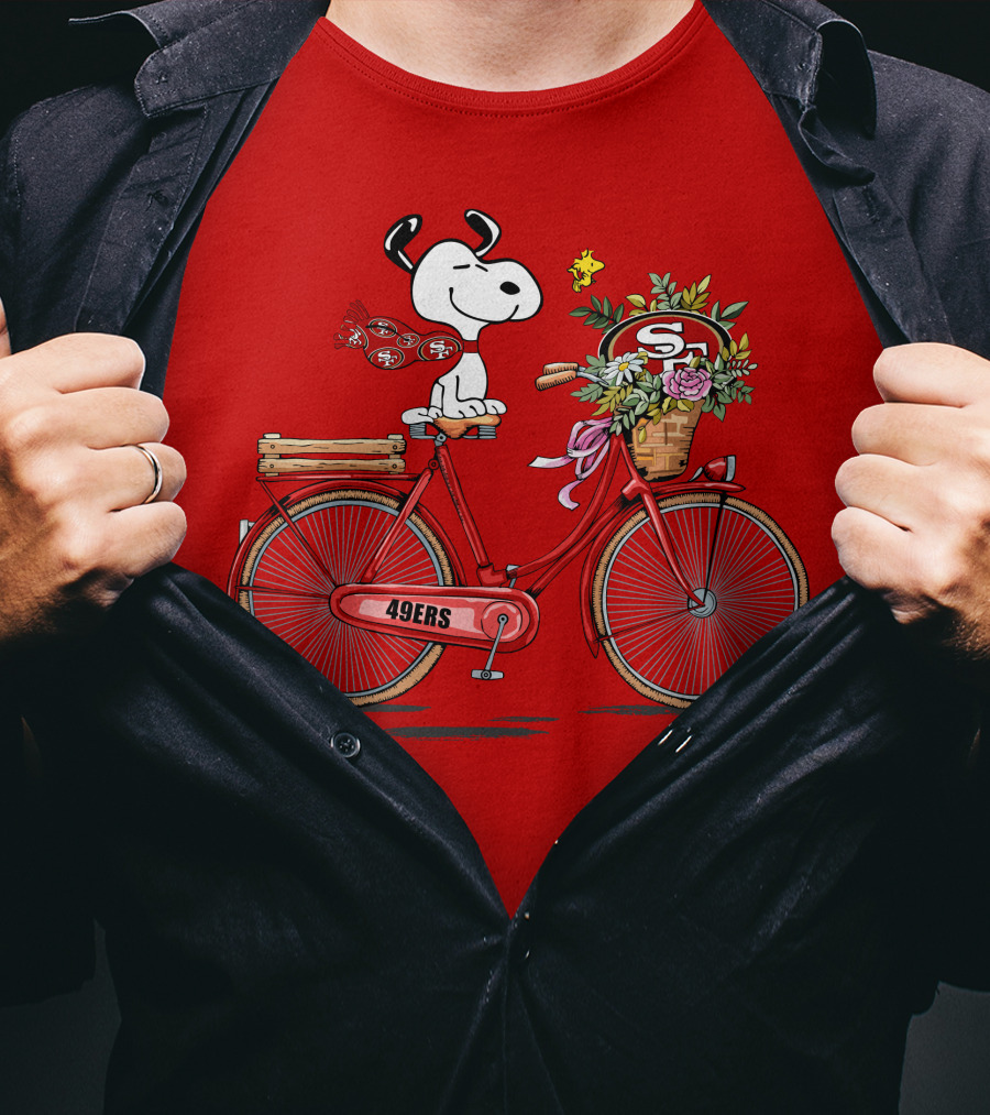 San Francisco 49ers Snoopy Riding Bike With Flowers T-Shirt