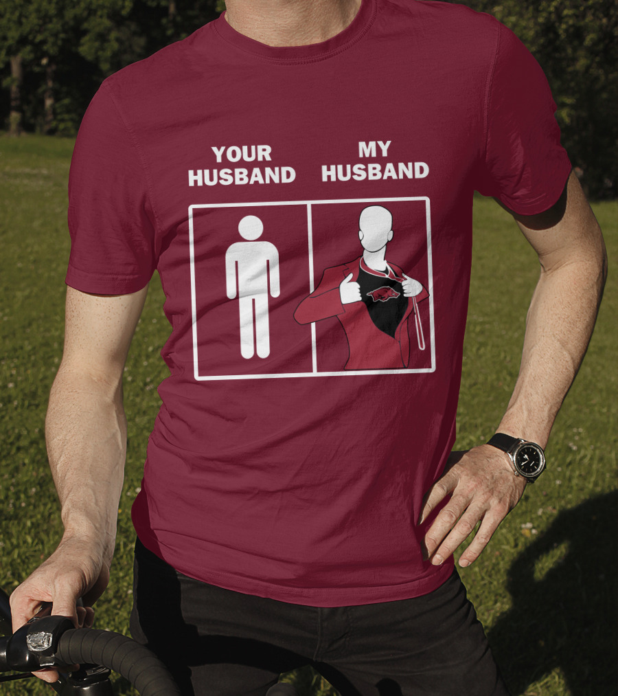 Arkansas Razorbacks Your Husband My Husband Superhero Fan Comparison T-Shirt