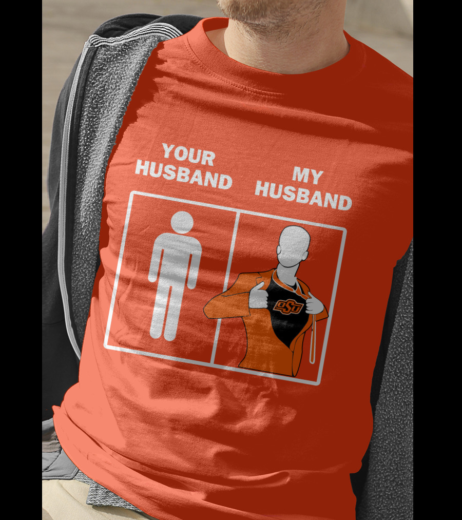 Oklahoma State Cowboys Your Husband My Husband OSU Logo Superhero Orange Suit T-Shirt