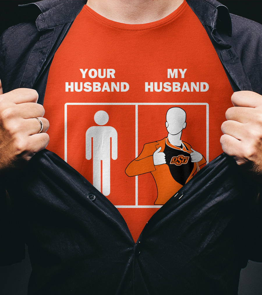 Oklahoma State Cowboys Your Husband My Husband OSU Logo Superhero Orange Suit T-Shirt