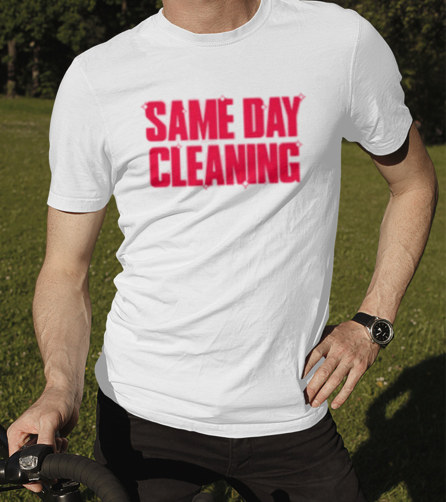 Sammy Virji Same Day Cleaning Bold Red Text T-Shirt