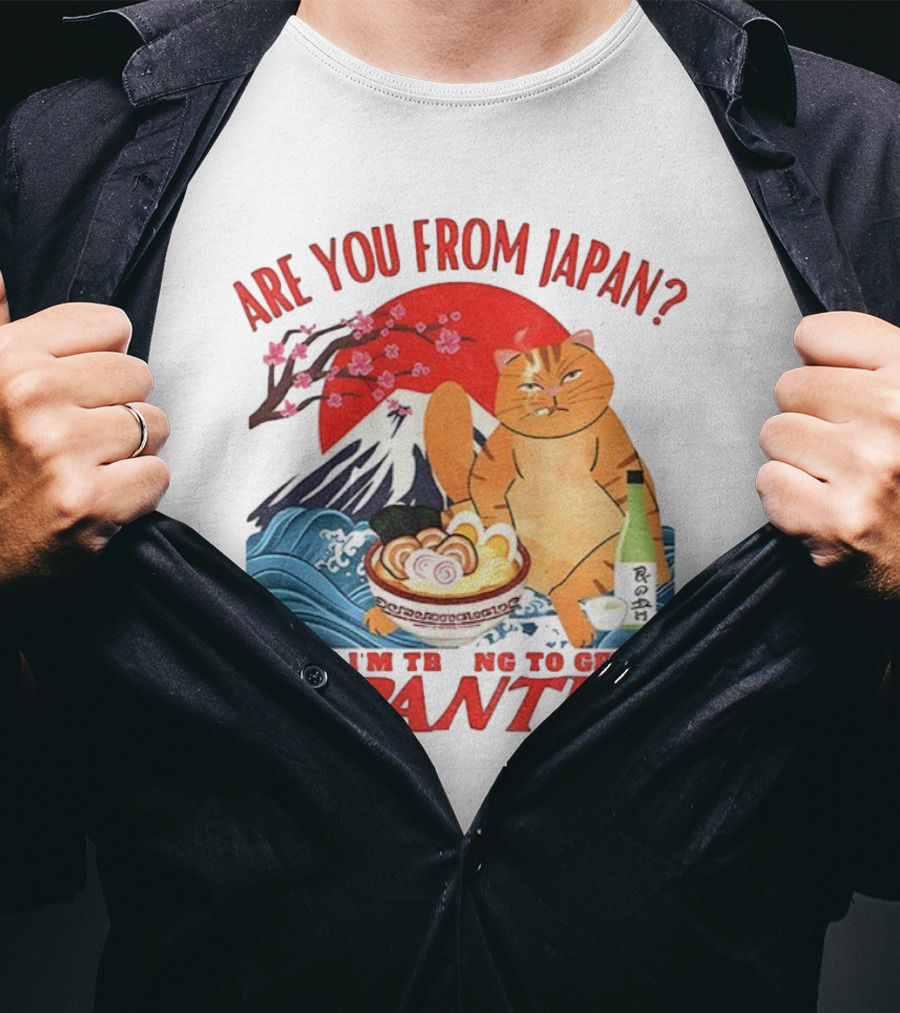 Are You From Japan Funny Cat Japanties Sushi Mt. Fuji Background T-Shirt