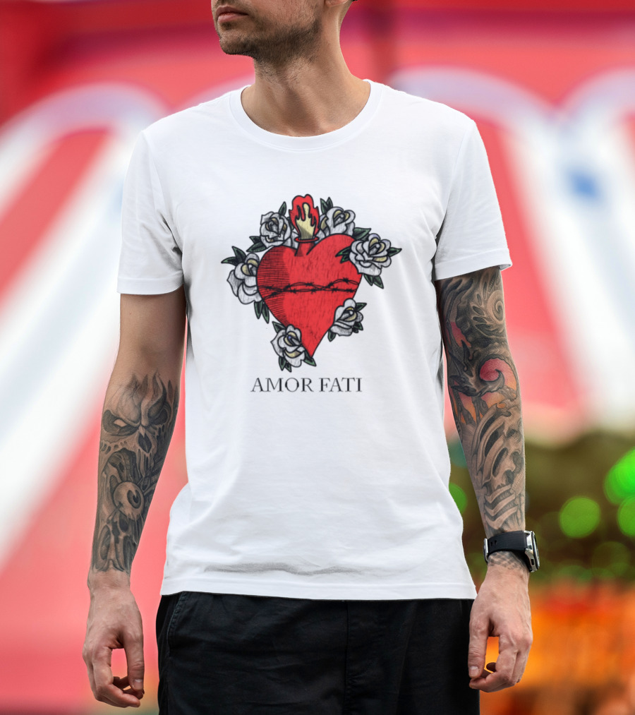 Amor Fati Sacred Heart Barbed Wire Roses Flame T-Shirt