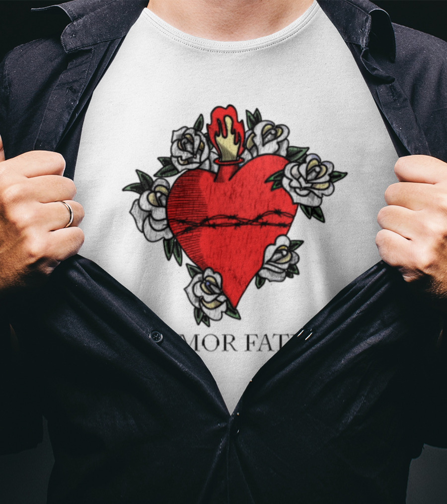 Amor Fati Sacred Heart Barbed Wire Roses Flame T-Shirt