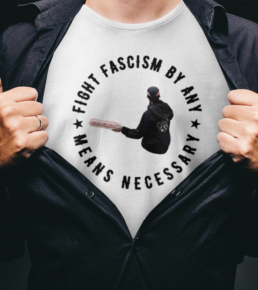 Fight Fascism By Any Means Necessary Red Bat Masked Figure T-Shirt