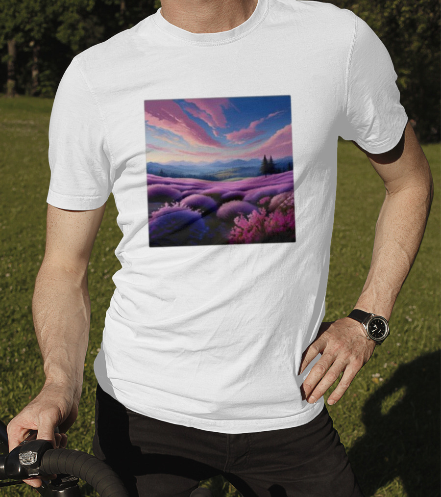 Her Radiant Bloom Lavender Sunset Landscape With Pink And Purple Sky T-Shirt