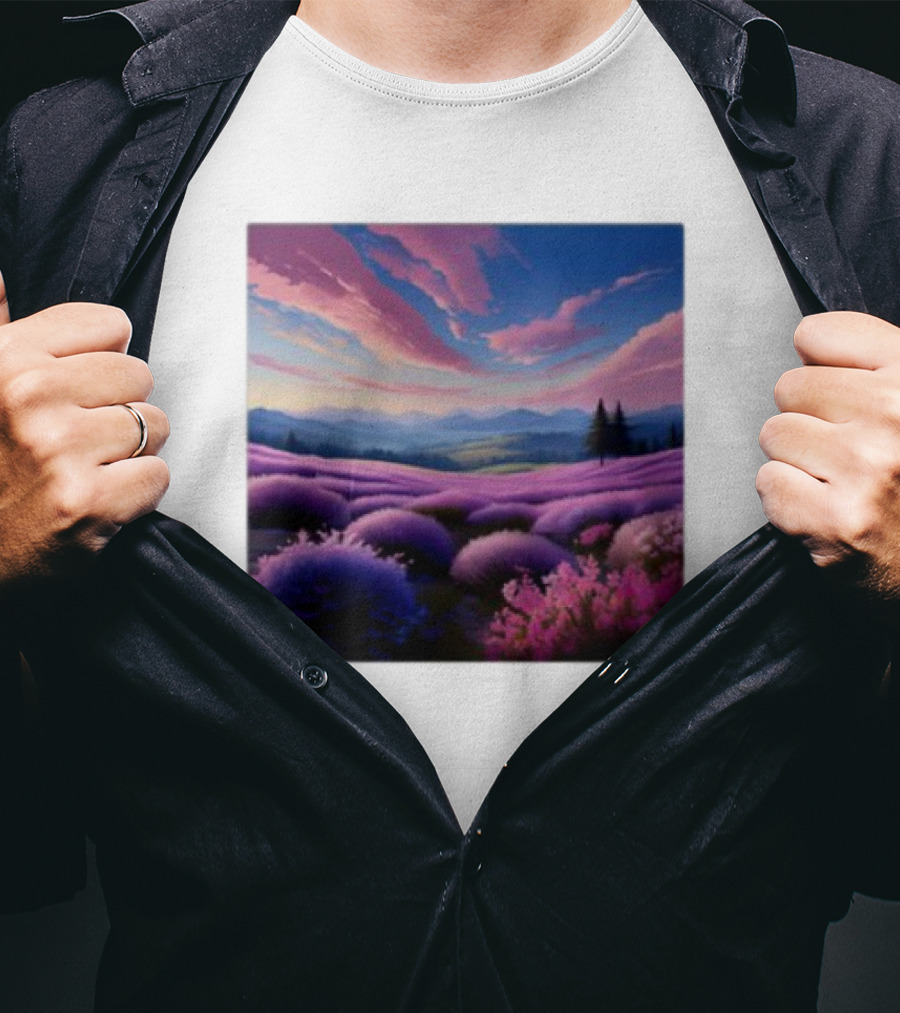 Her Radiant Bloom Lavender Sunset Landscape With Pink And Purple Sky T-Shirt