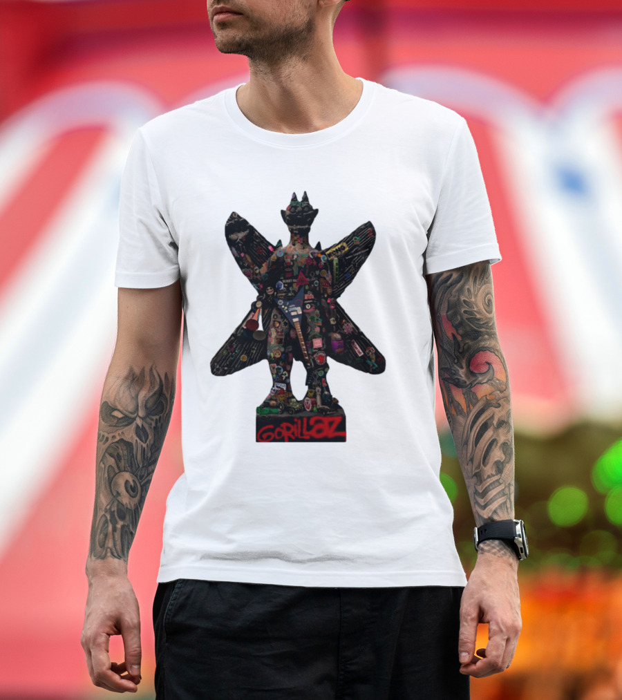 Gorillaz Iconic Pazuzu Figure With Music And Cultural Symbols T-Shirt
