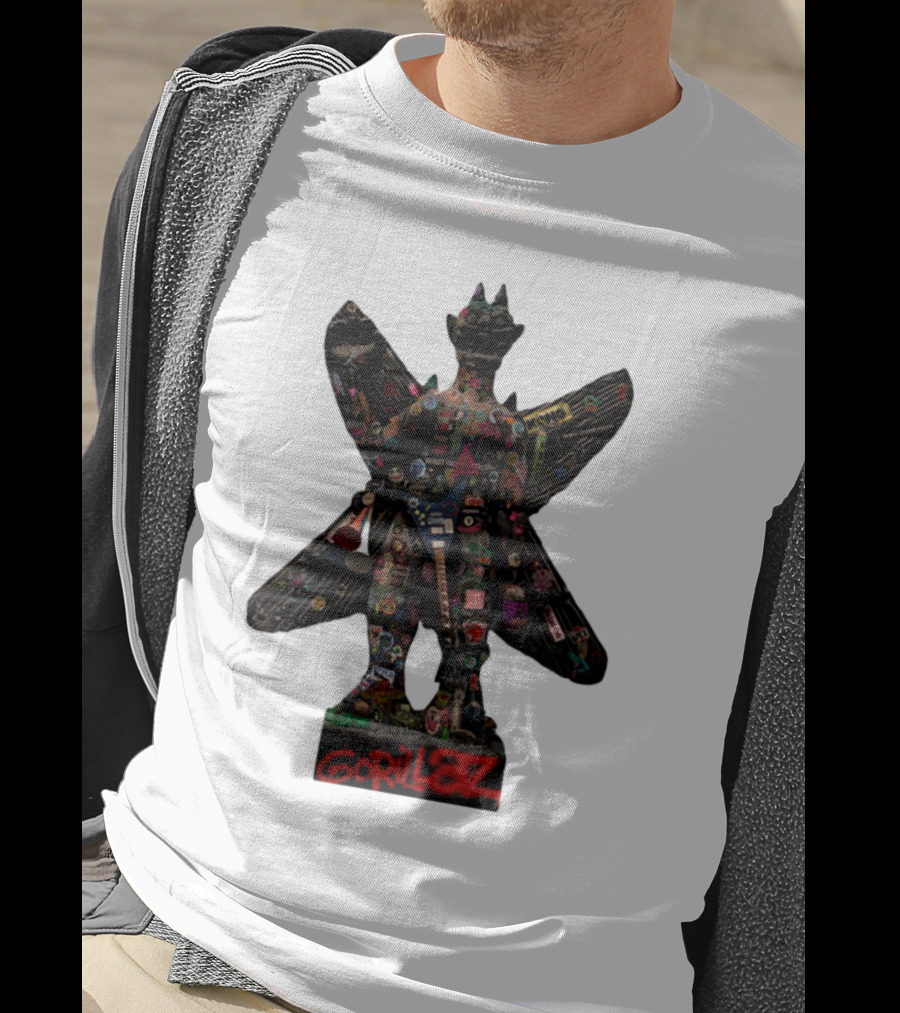 Gorillaz Iconic Pazuzu Figure With Music And Cultural Symbols T-Shirt