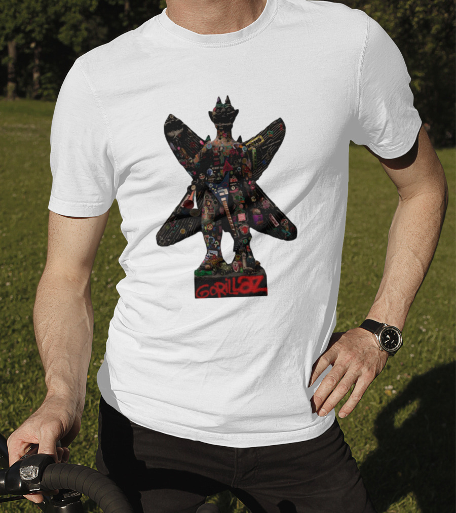 Gorillaz Iconic Pazuzu Figure With Music And Cultural Symbols T-Shirt