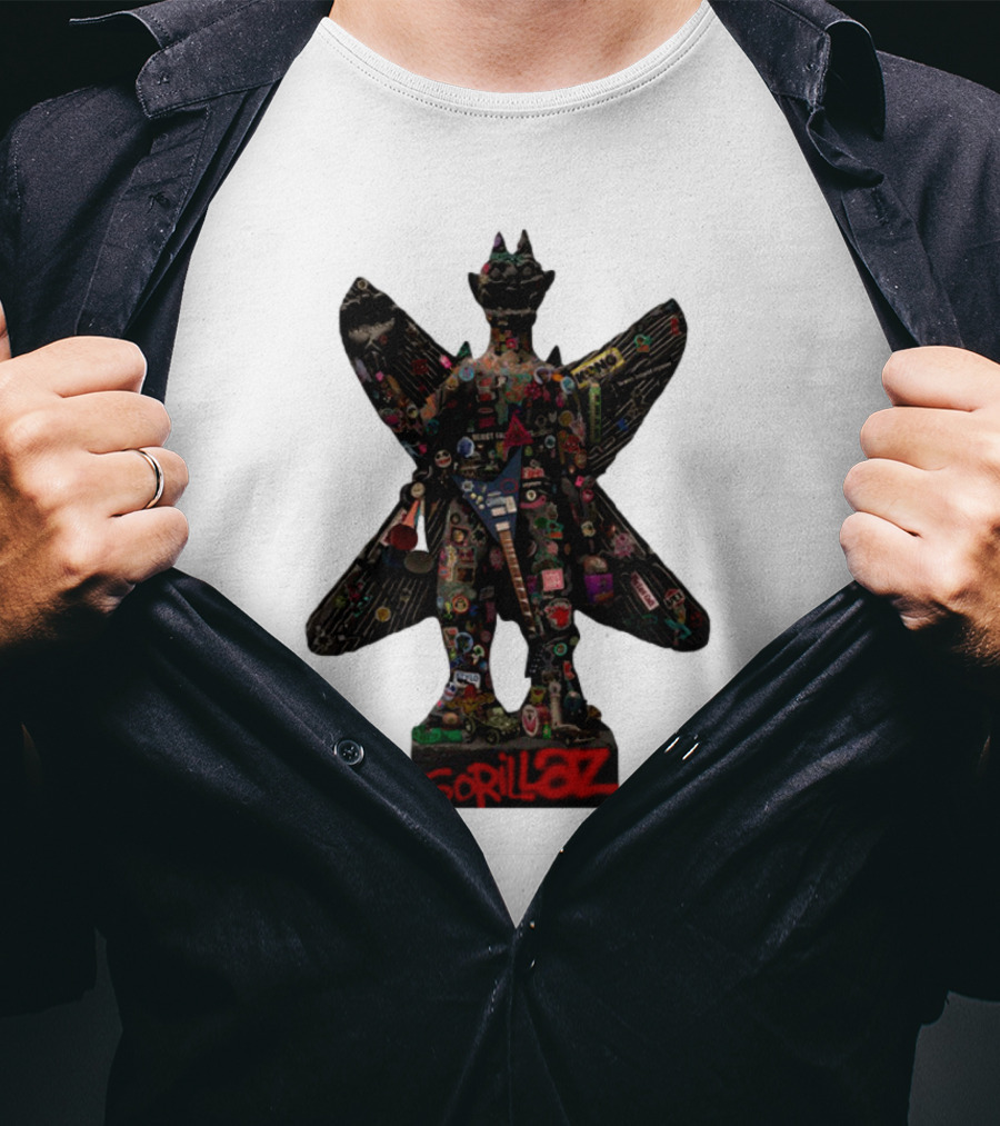 Gorillaz Iconic Pazuzu Figure With Music And Cultural Symbols T-Shirt