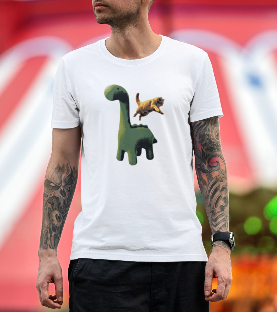 Abram Engle Kurt Dino Green Dinosaur With Leaping Orange Cat T-Shirt