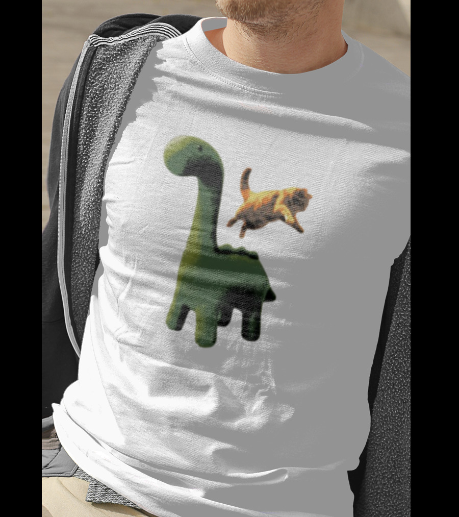 Abram Engle Kurt Dino Green Dinosaur With Leaping Orange Cat T-Shirt