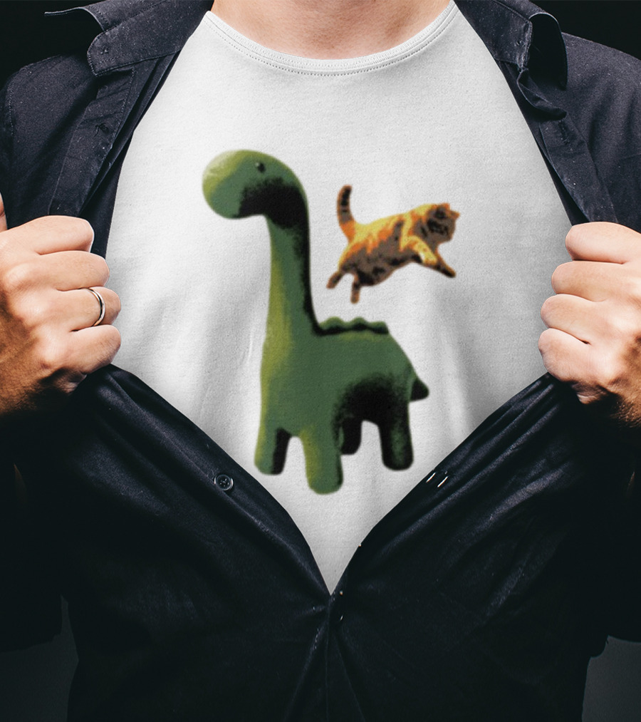 Abram Engle Kurt Dino Green Dinosaur With Leaping Orange Cat T-Shirt