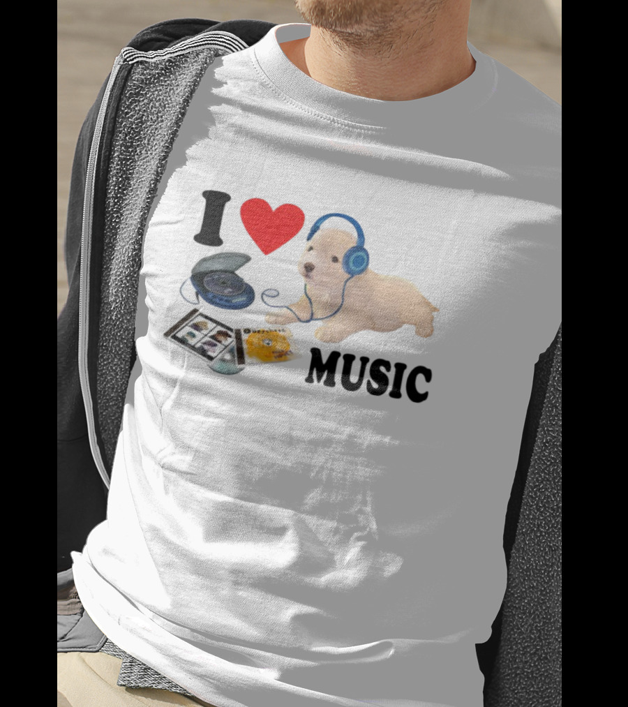 I Love Music Dog Headphones CD Player Album Puppy T-Shirt