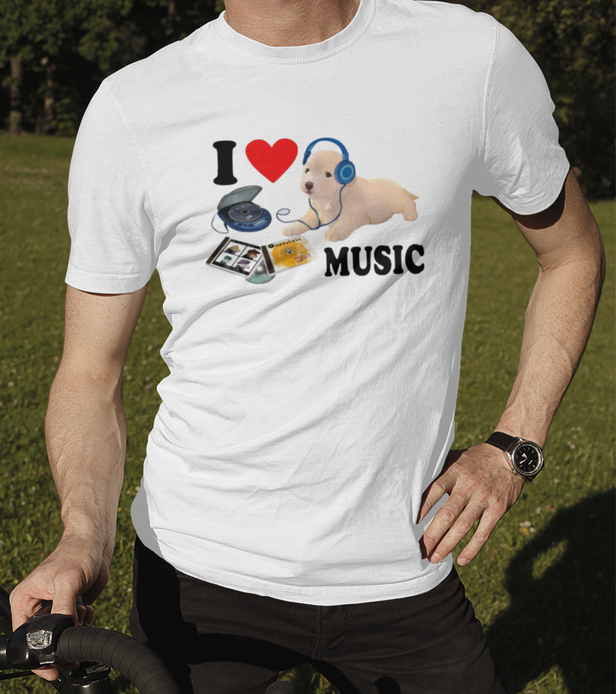 I Love Music Dog Headphones CD Player Album Puppy T-Shirt