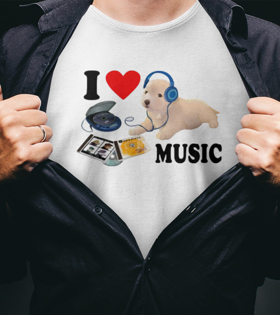 I Love Music Dog Headphones CD Player Album Puppy T-Shirt