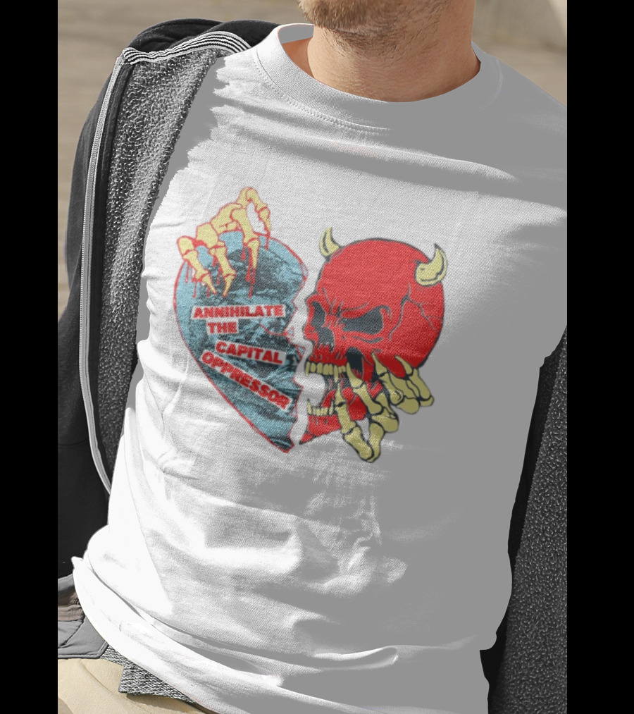 Annihilate The Capital Oppressor Red Skull And Skeleton Heart Design T-Shirt