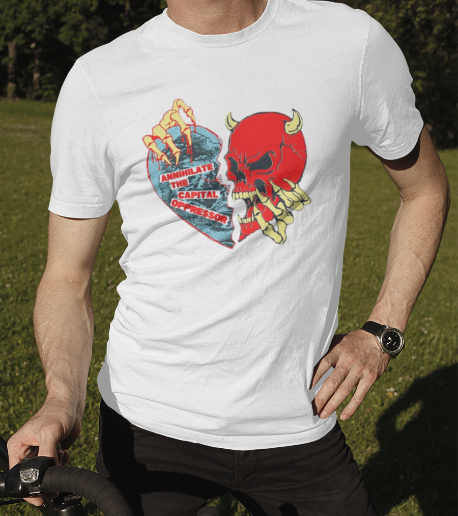 Annihilate The Capital Oppressor Red Skull And Skeleton Heart Design T-Shirt