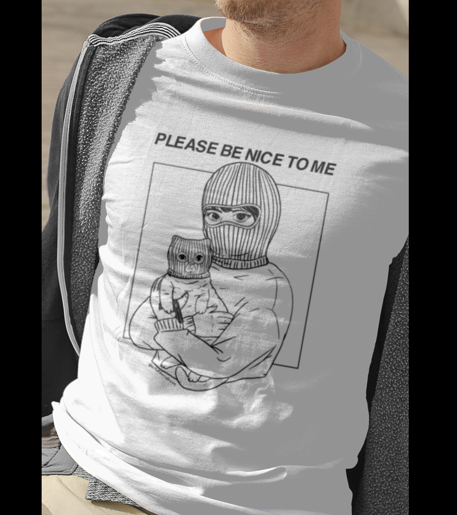 Please Be Nice To Me Masked Figure Hugging Cat T-Shirt