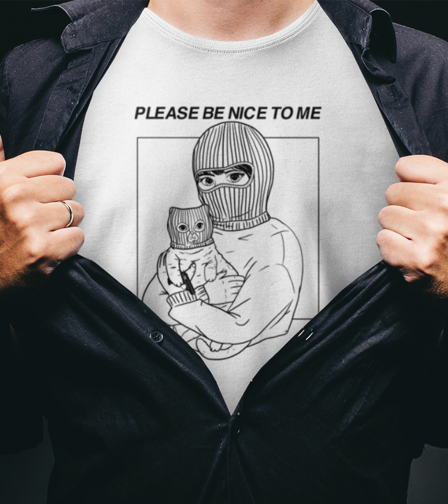 Please Be Nice To Me Masked Figure Hugging Cat T-Shirt