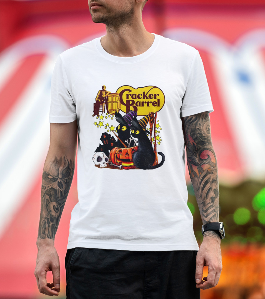 Cracker Barrel Halloween 2025 Black Cat Witches Pumpkin Stars Skulls T-Shirt