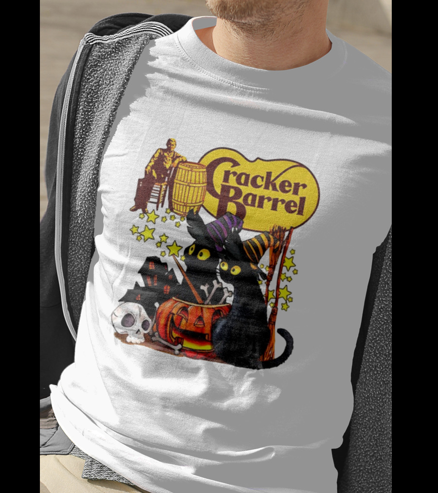 Cracker Barrel Halloween 2025 Black Cat Witches Pumpkin Stars Skulls T-Shirt