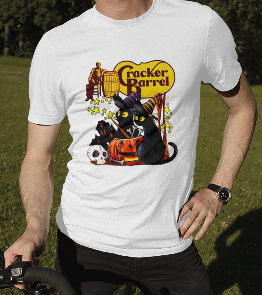 Cracker Barrel Halloween 2025 Black Cat Witches Pumpkin Stars Skulls T-Shirt