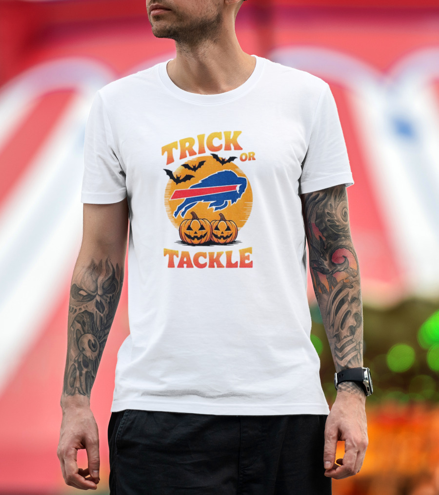 Buffalo Bills Trick Or Tackle Halloween Pumpkins And Bats T-Shirt