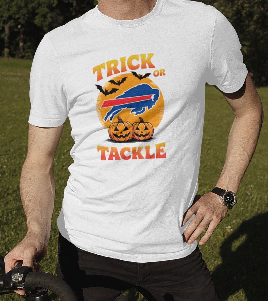 Buffalo Bills Trick Or Tackle Halloween Pumpkins And Bats T-Shirt