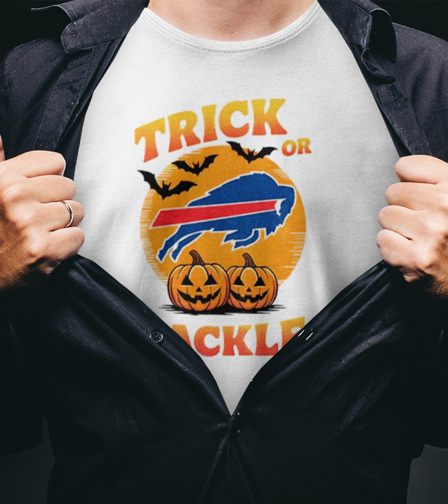 Buffalo Bills Trick Or Tackle Halloween Pumpkins And Bats T-Shirt
