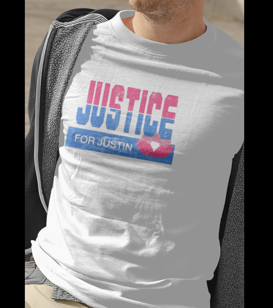 Justice For Justin LGBTQ Pride Pink And Blue Bold Text With Heart Symbol T-Shirt