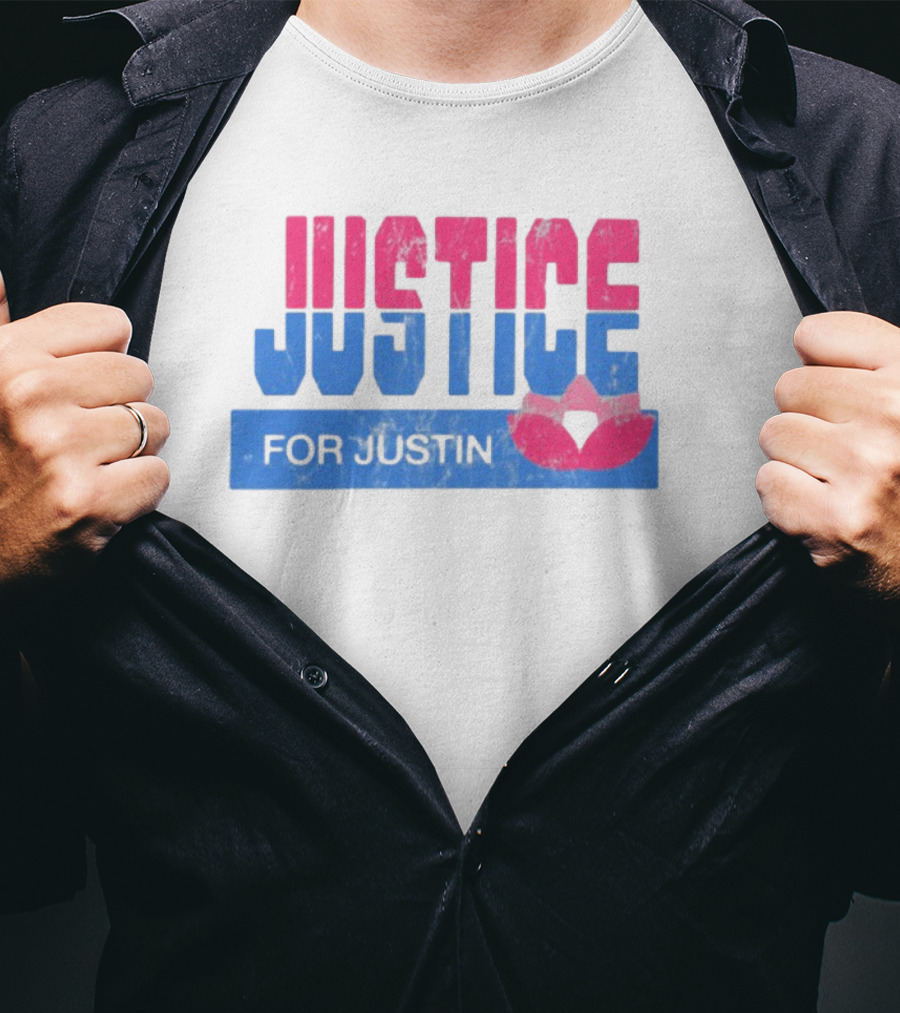 Justice For Justin LGBTQ Pride Pink And Blue Bold Text With Heart Symbol T-Shirt
