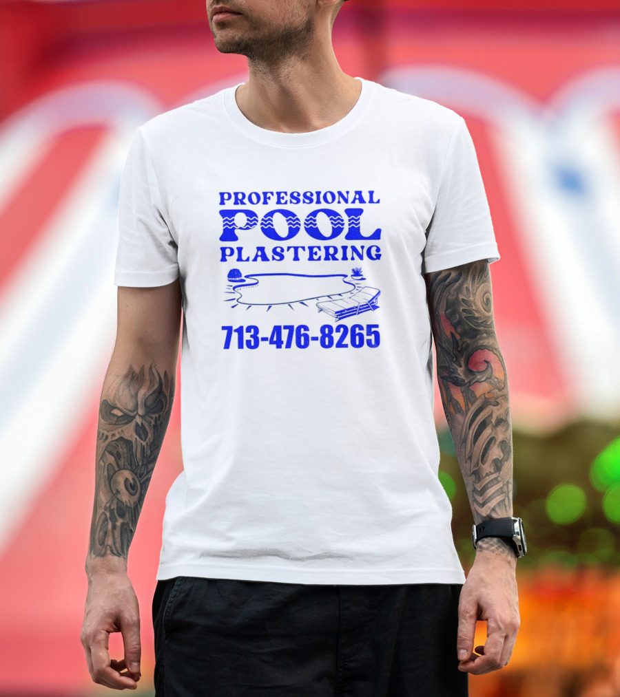Professional Pool Plastering 713-476-8265 Pool Outline Cocktail And Palm Tree Icons T-Shirt