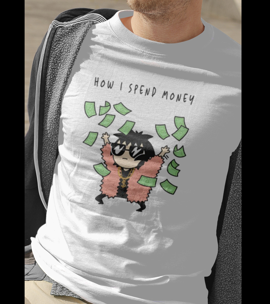 Sarah Andersen How I Spend Money Comic Character Pink Coat Dollar Bills Falling T-Shirt