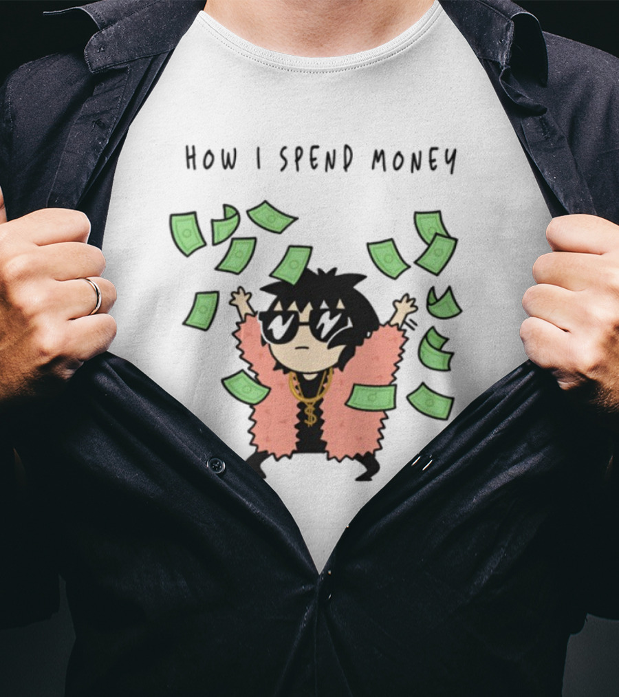 Sarah Andersen How I Spend Money Comic Character Pink Coat Dollar Bills Falling T-Shirt