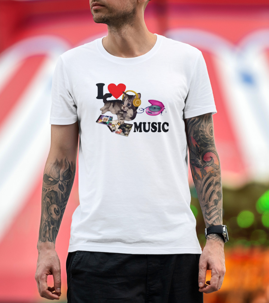 I Love Music Cat Headphones Portable CD Player Cute Cat Photos T-Shirt
