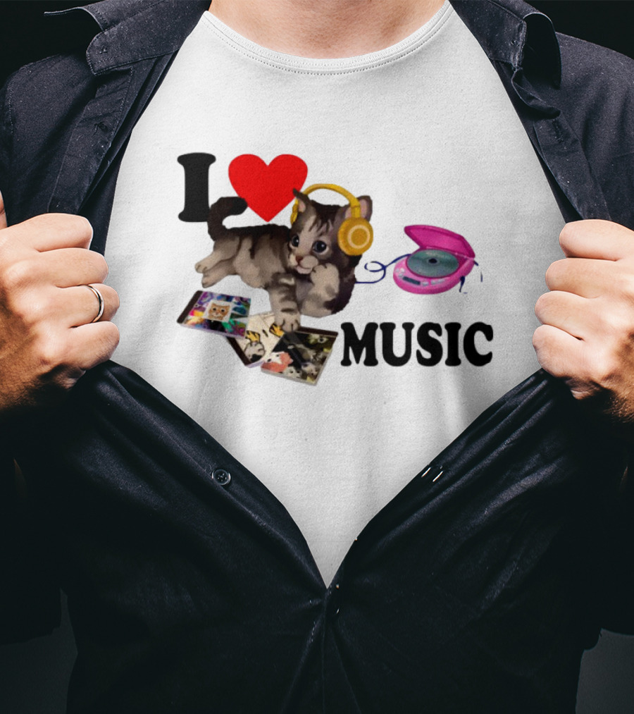 I Love Music Cat Headphones Portable CD Player Cute Cat Photos T-Shirt