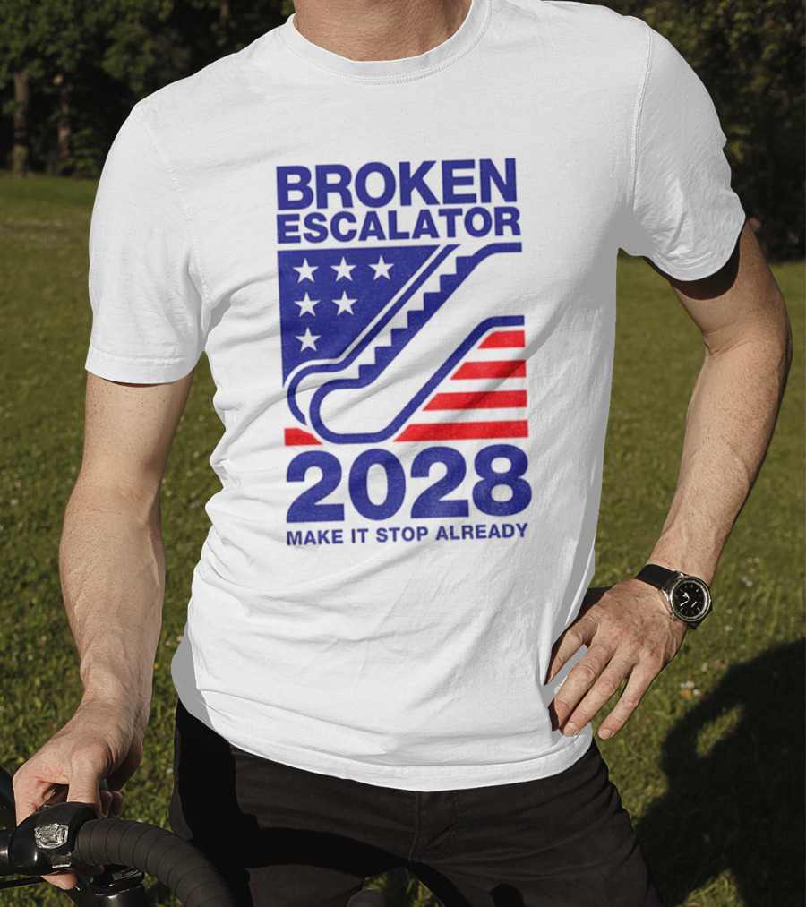 Broken Escalator 2028 Make It Stop Already American Flag Stars Stripes T-Shirt