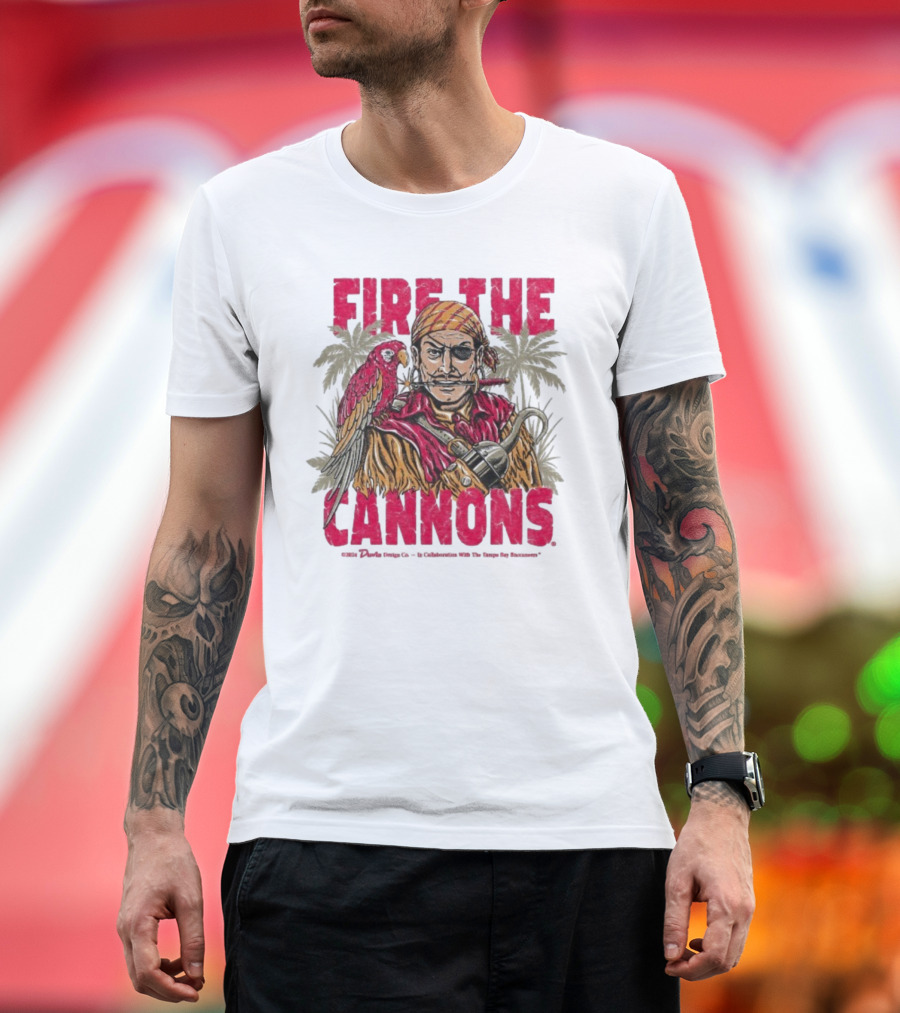 Fire The Cannons Buccaneers Pirate Parrot Palm Trees T-Shirt