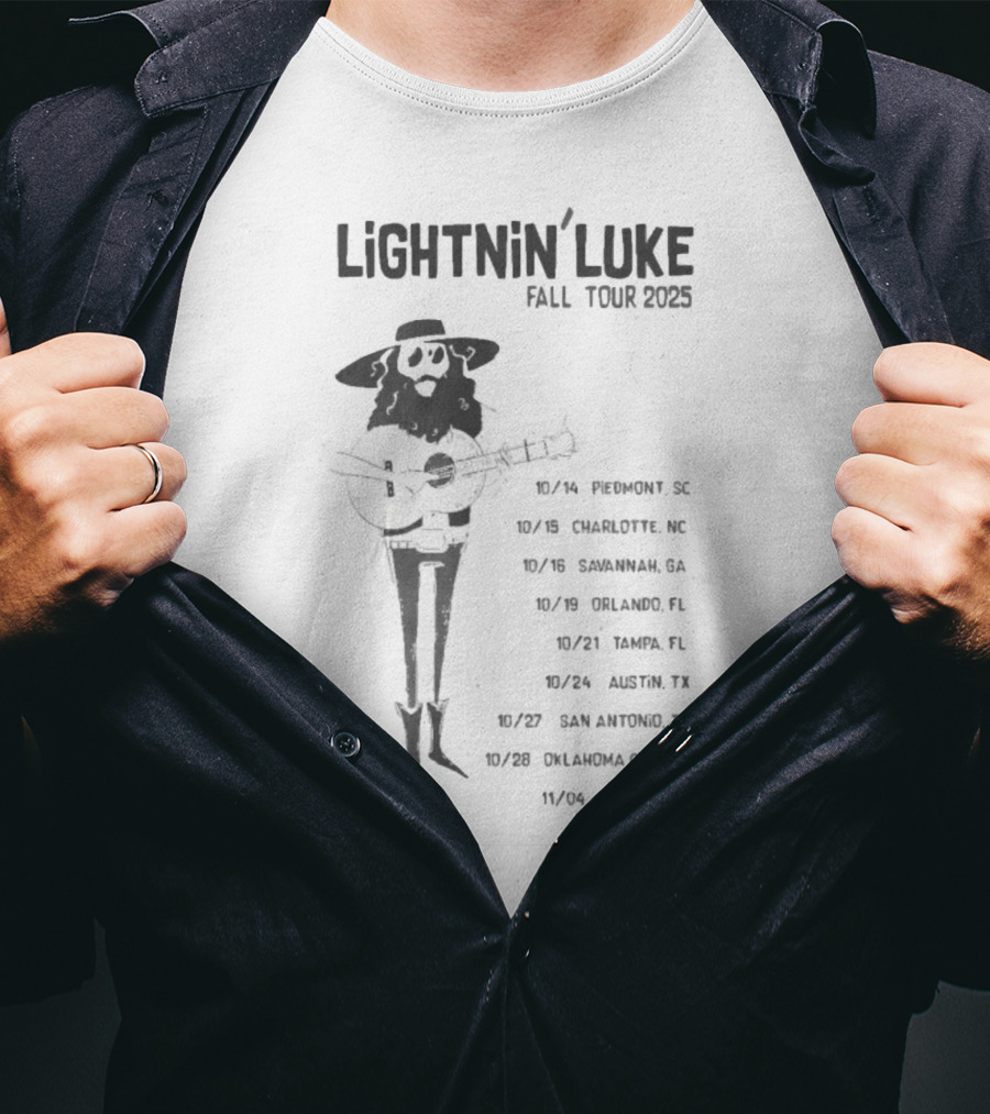 Lightnin’ Luke Fall Tour 2025 With Dates In Pendleton Charlotte Savannah Orlando Tampa Austin San Antonio Oklahoma City Phoenix T-Shirt